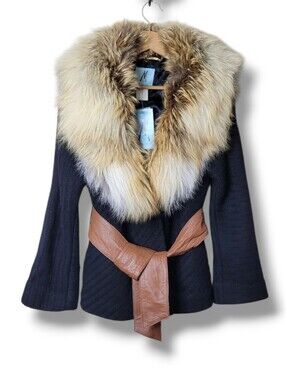 Marciano Wool Coat Red Fox Fur Collar Leather Belt NWT